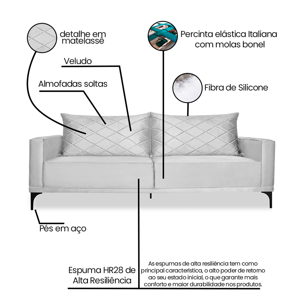 Sofá 3 Lugares Eros Veludo Prata 220 cm
