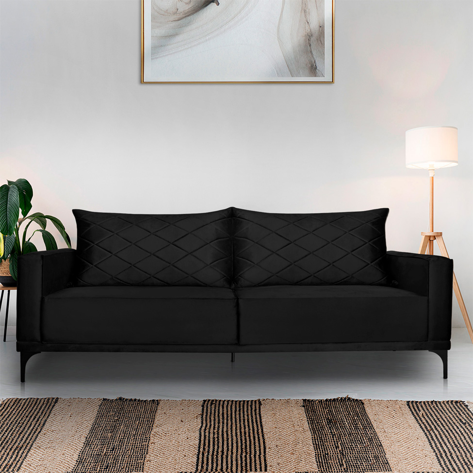 Sofá 3 Lugares Eros Veludo Preto 180 cm