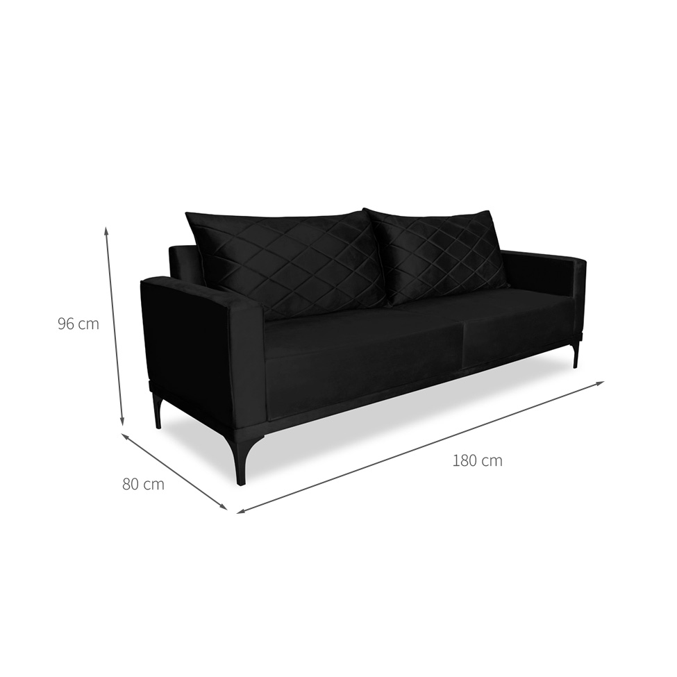 Sofá 3 Lugares Eros Veludo Preto 180 cm