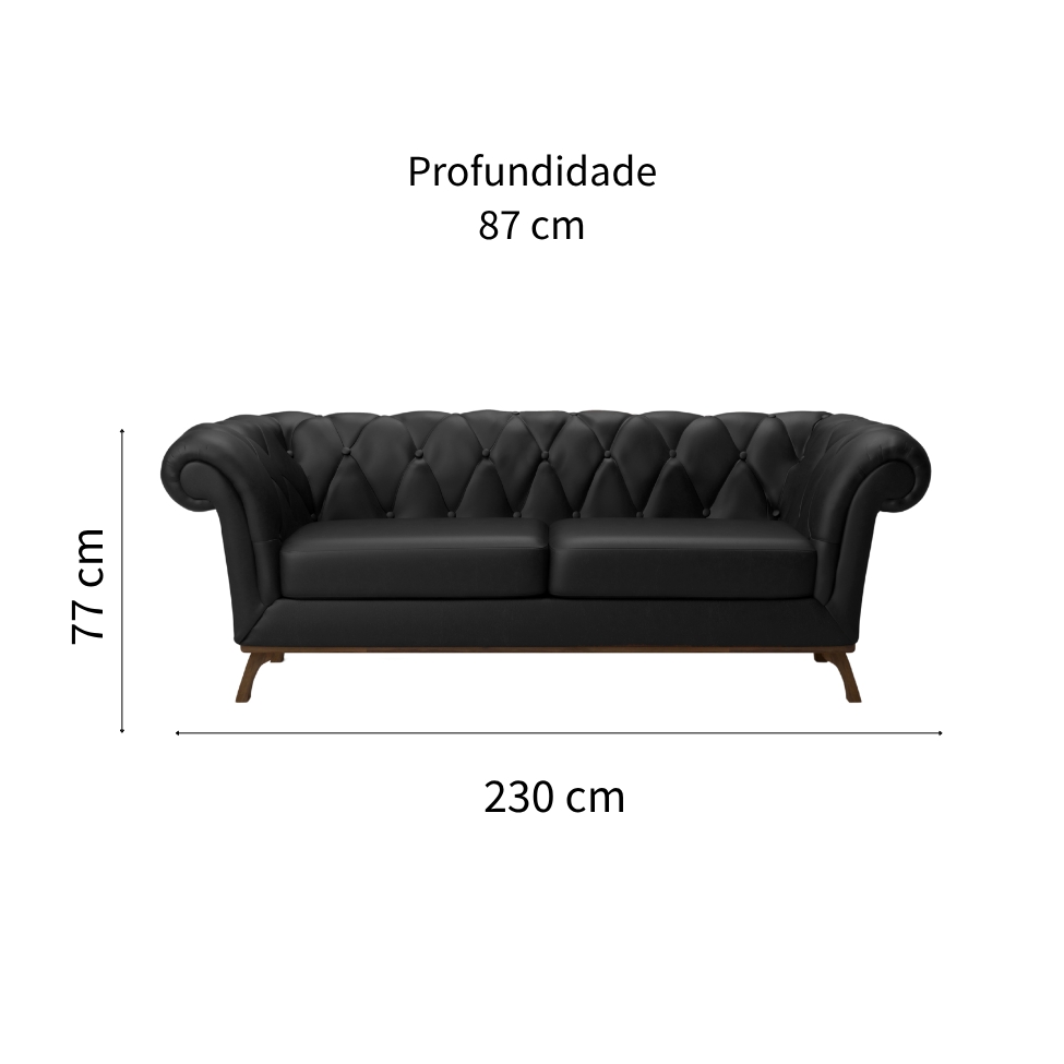 Sofá 3 Lugares Império Revestimento Sintético Preto e Amadeirado