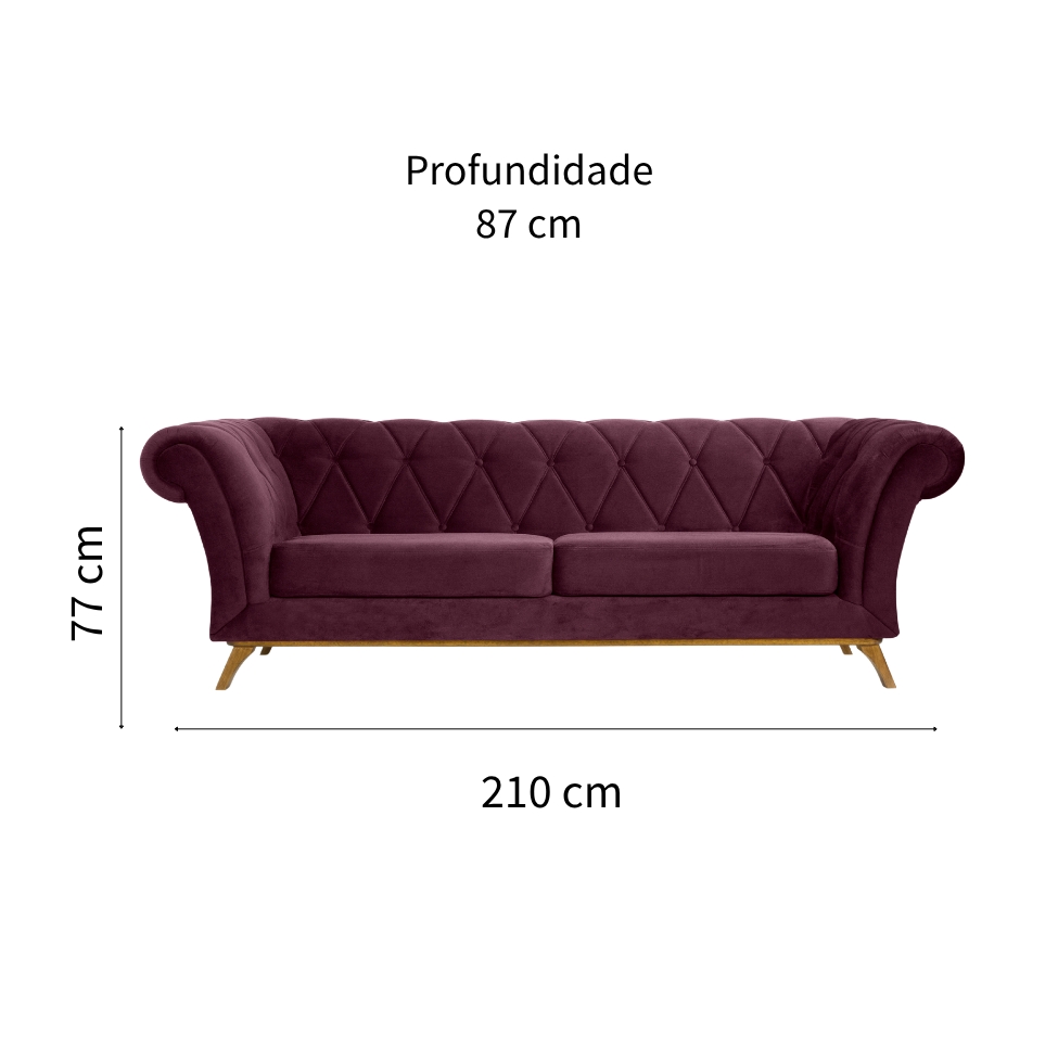 Sofá 3 Lugares Império Veludo Roxo e Amadeirado