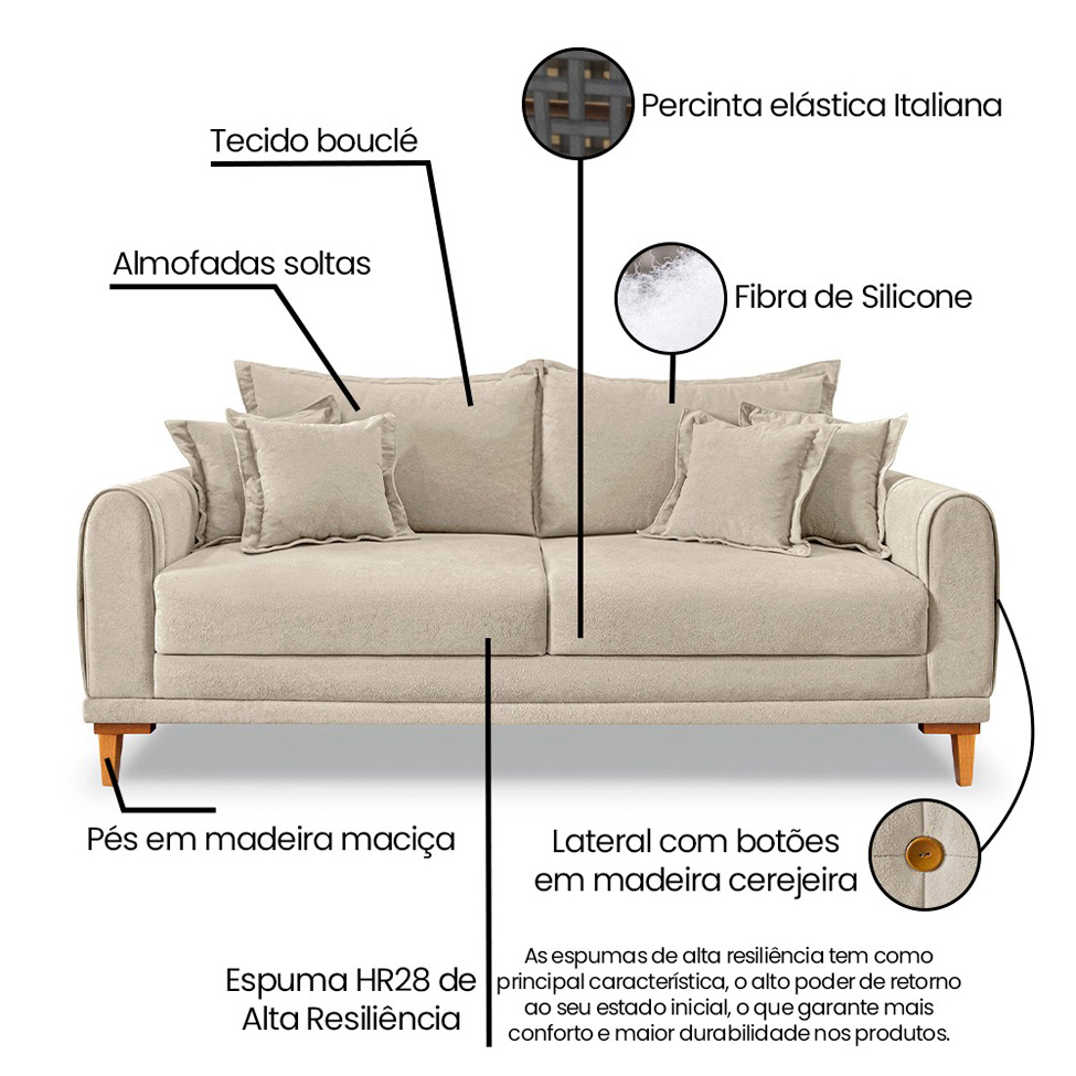 Sofá 3 Lugares Lisboa Bouclé Bege 180 cm