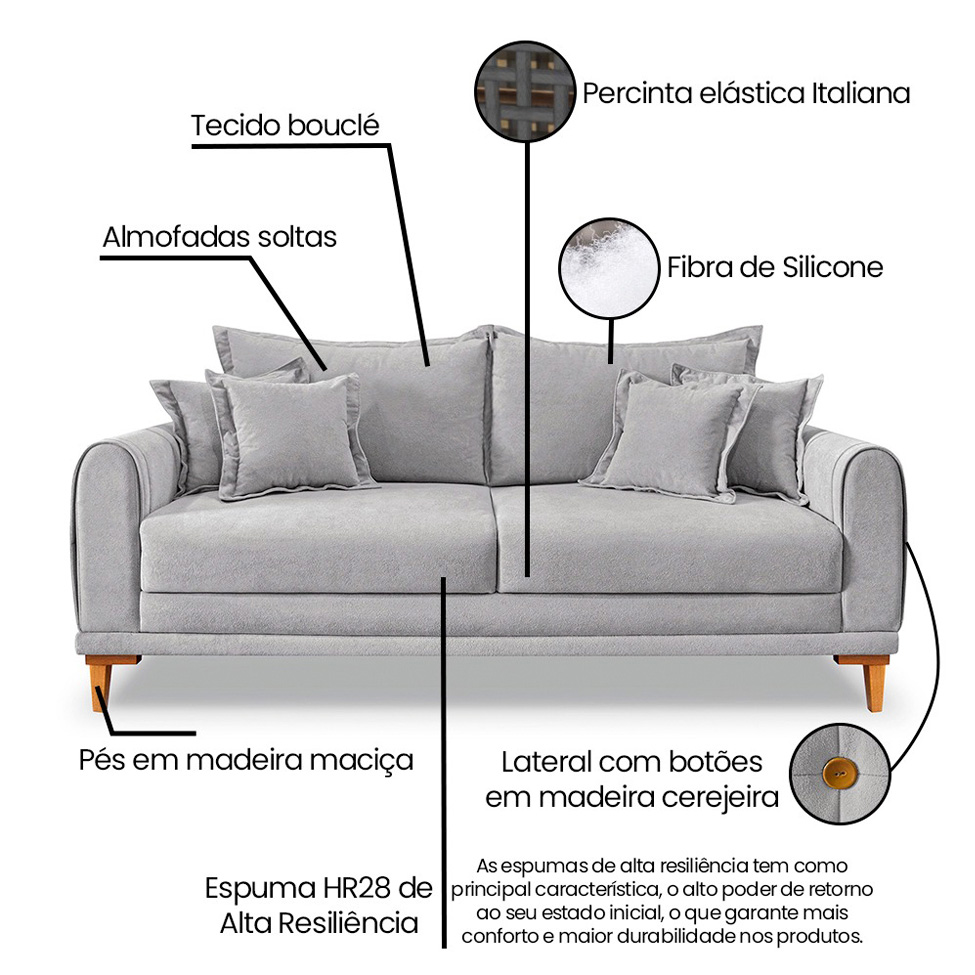Sofá 3 Lugares Lisboa Bouclé Cinza 180 cm