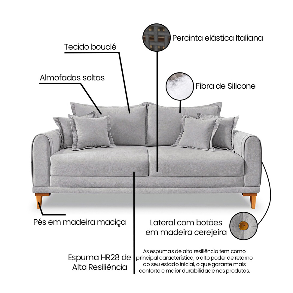Sofá 3 Lugares Lisboa Bouclé Cinza 220 cm