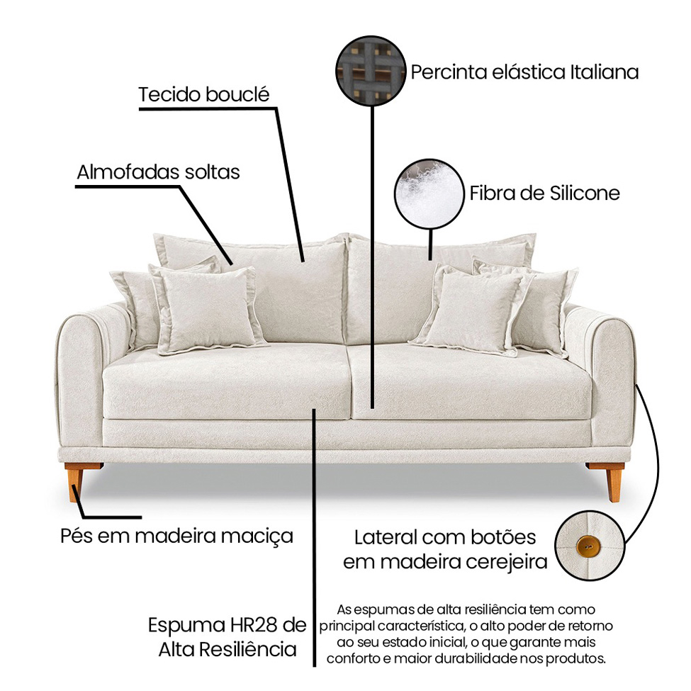 Sofá 3 Lugares Lisboa Bouclé Off White 200 cm