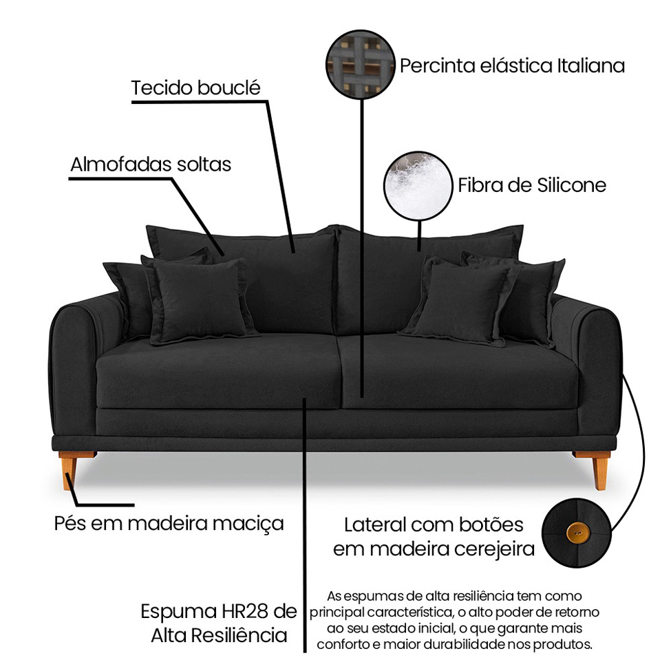 Sofá 3 Lugares Lisboa Bouclé Preto 180 cm
