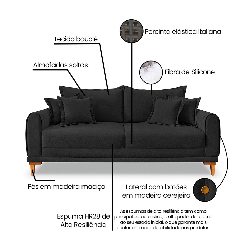 Sofá 3 Lugares Lisboa Bouclé Preto 200 cm