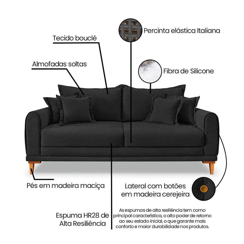 Sofá 3 Lugares Lisboa Bouclé Preto 220 cm