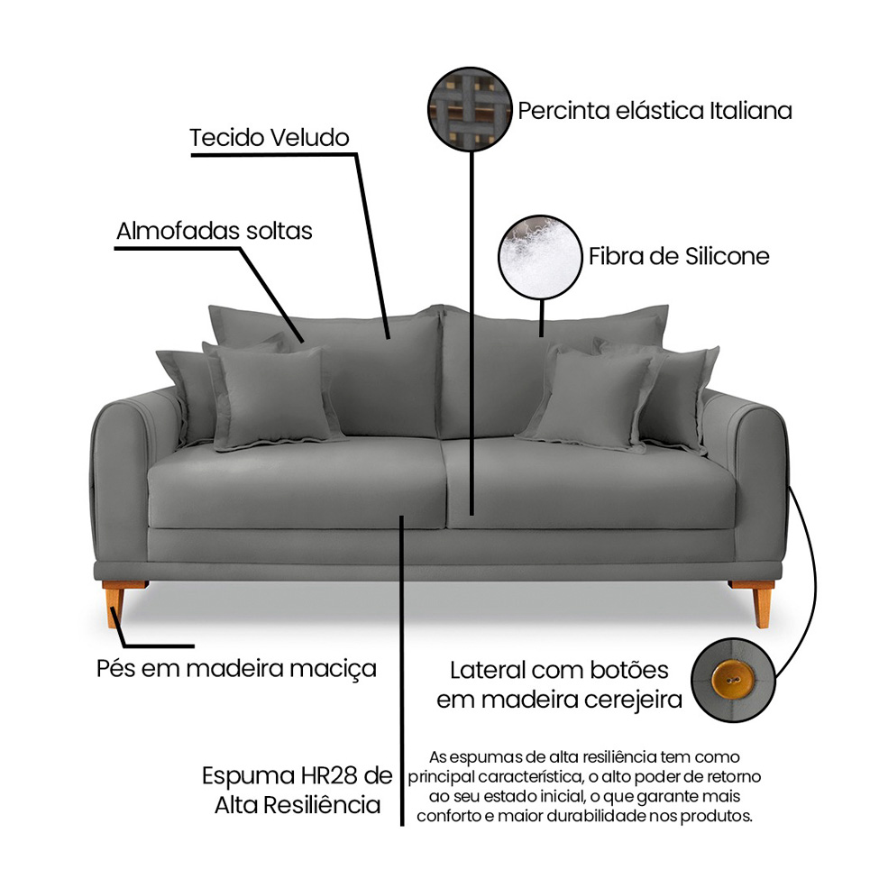 Sofá 3 Lugares Lisboa Veludo Cinza Chumbo 220 cm