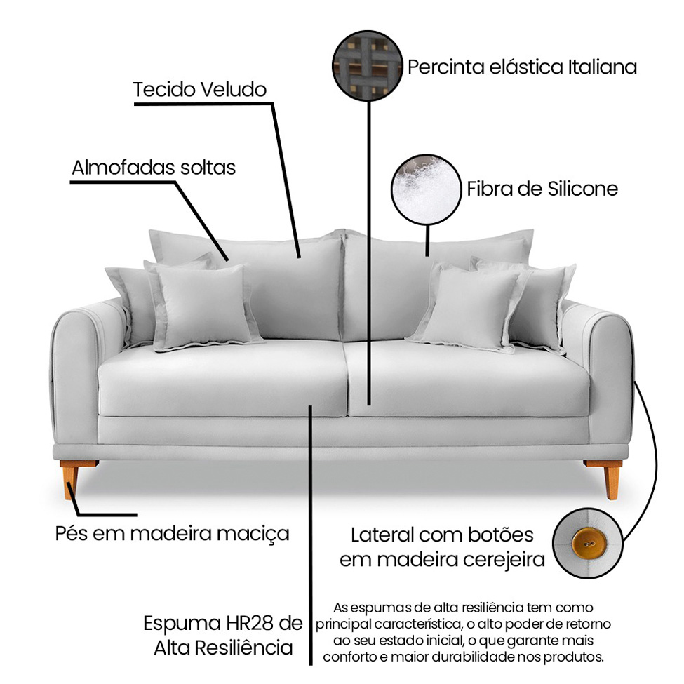 Sofá 3 Lugares Lisboa Veludo Prata 180 cm