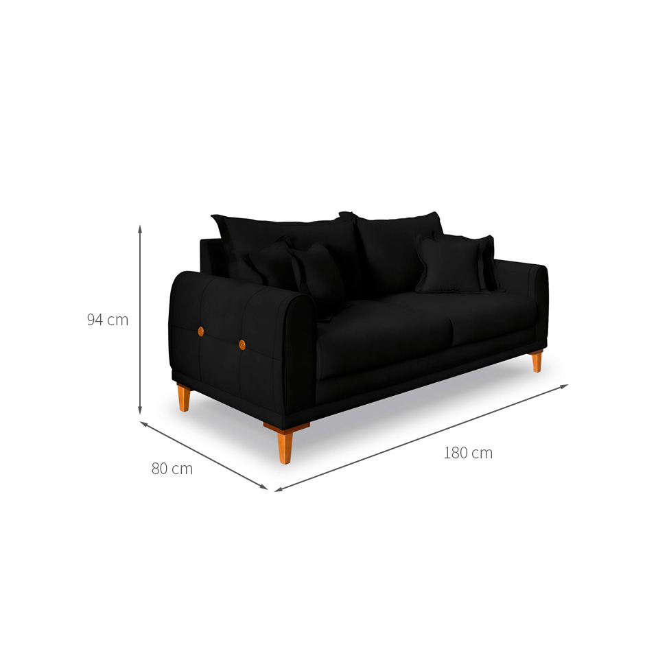 Sofá 3 Lugares Lisboa Veludo Preto 180 cm