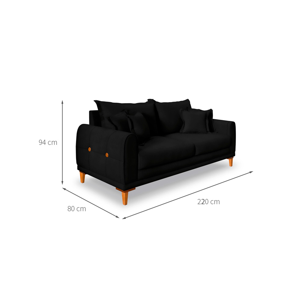 Sofá 3 Lugares Lisboa Veludo Preto 220 cm