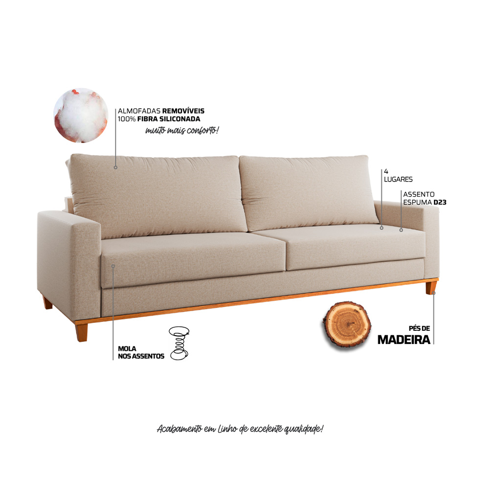 Sofá 3 Lugares Living New York Linho Bege