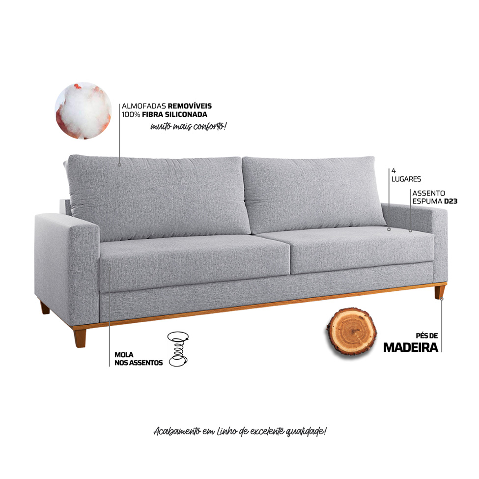 Sofá 3 Lugares Living New York Linho Cinza
