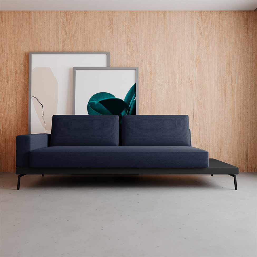 Sofá 3 Lugares Matteo com Mesa de Apoio Direita Linho Azul 180 cm