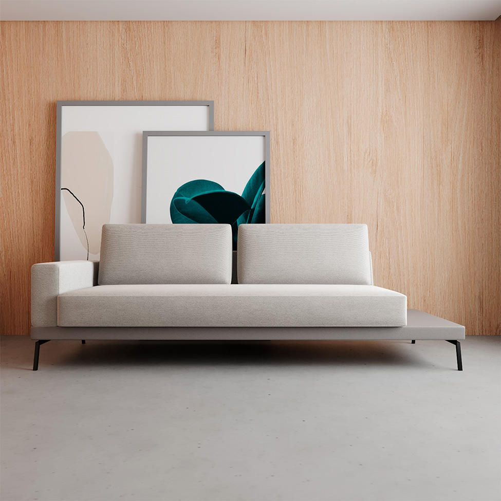Sofá 3 Lugares Matteo com Mesa de Apoio Direita Linho Bege 210 cm