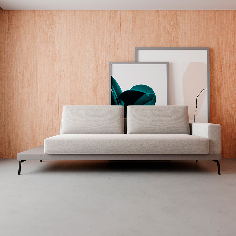 Sofá 3 Lugares Matteo com Mesa de Apoio Esquerda Linho Bege 210 cm