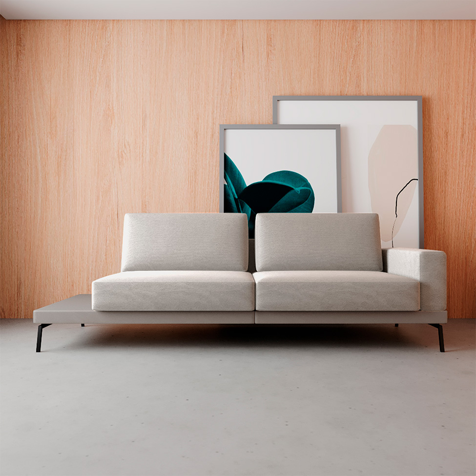 Sofá 3 Lugares Matteo com Mesa de Apoio Esquerda Linho Bege 240 cm