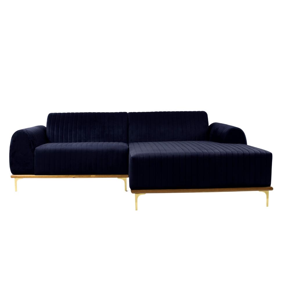 Sofá 3 Lugares Molino com Chaise Direito Veludo Azul Marinho e Dourado