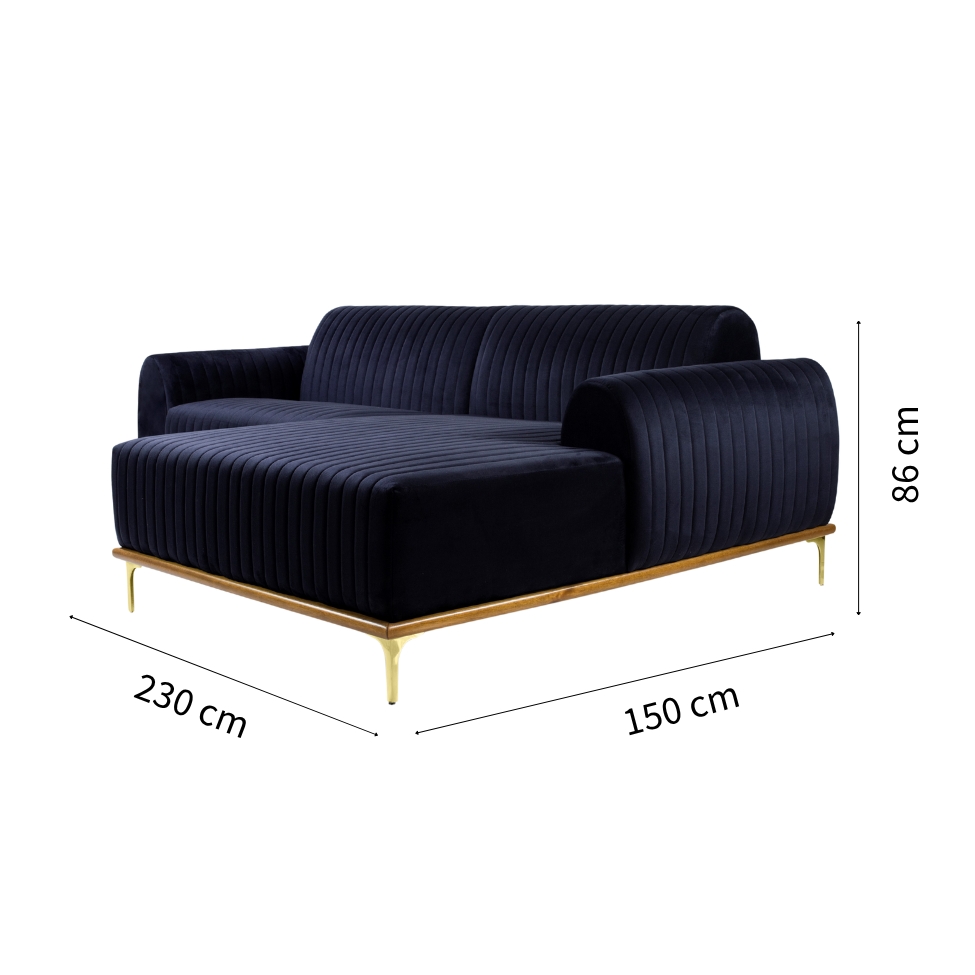 Sofá 3 Lugares Molino com Chaise Direito Veludo Azul Marinho e Dourado