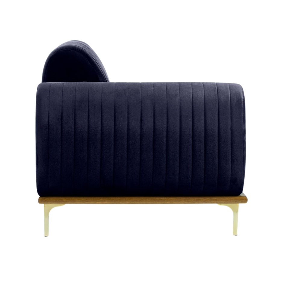 Sofá 3 Lugares Molino com Chaise Direito Veludo Azul Marinho e Dourado