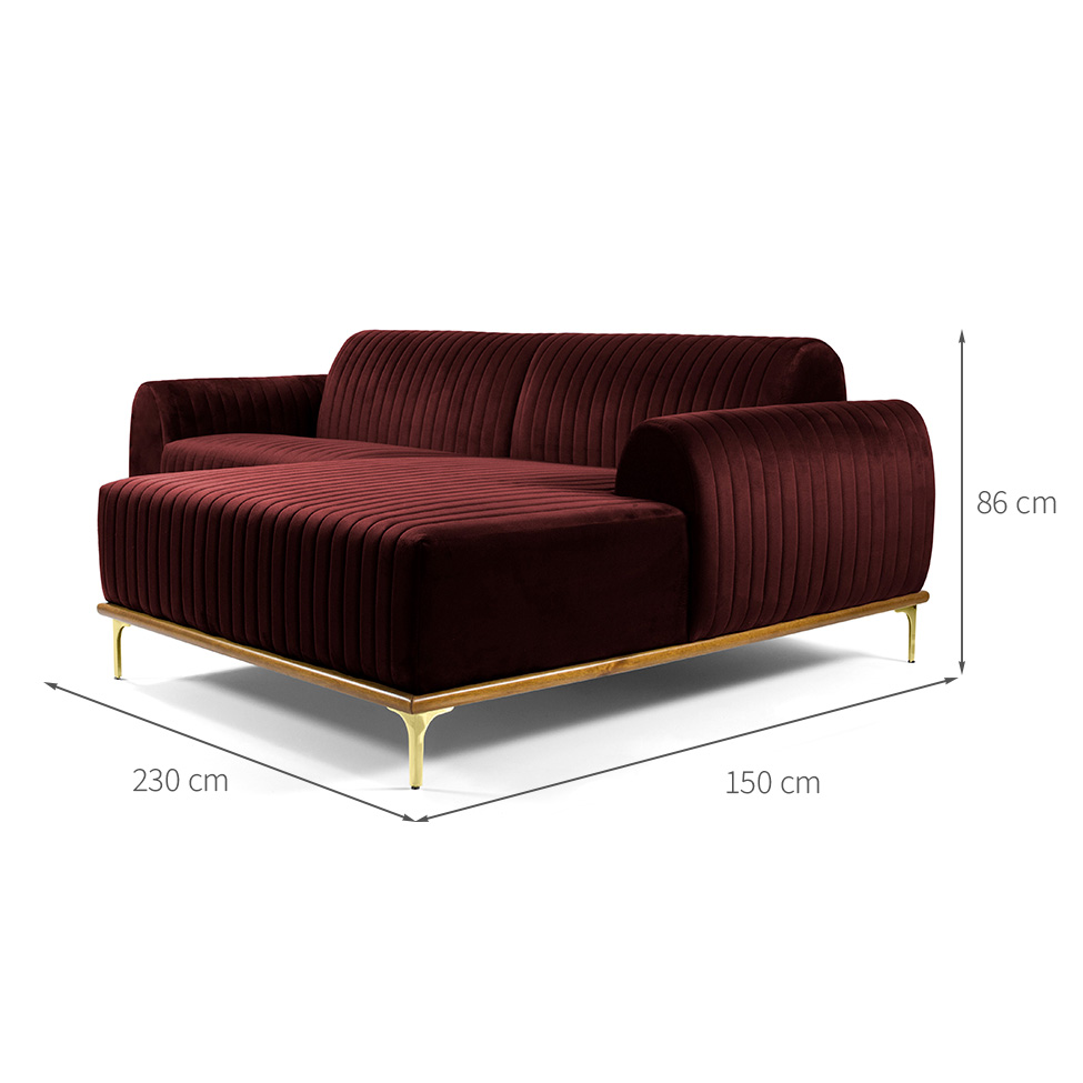 Sofá 3 Lugares Molino com Chaise Direito Veludo Bordô e Dourado