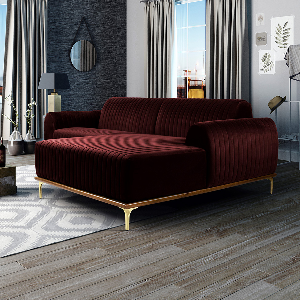Sofá 3 Lugares Molino com Chaise Direito Veludo Bordô e Dourado