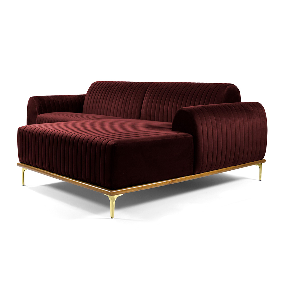 Sofá 3 Lugares Molino com Chaise Direito Veludo Bordô e Dourado