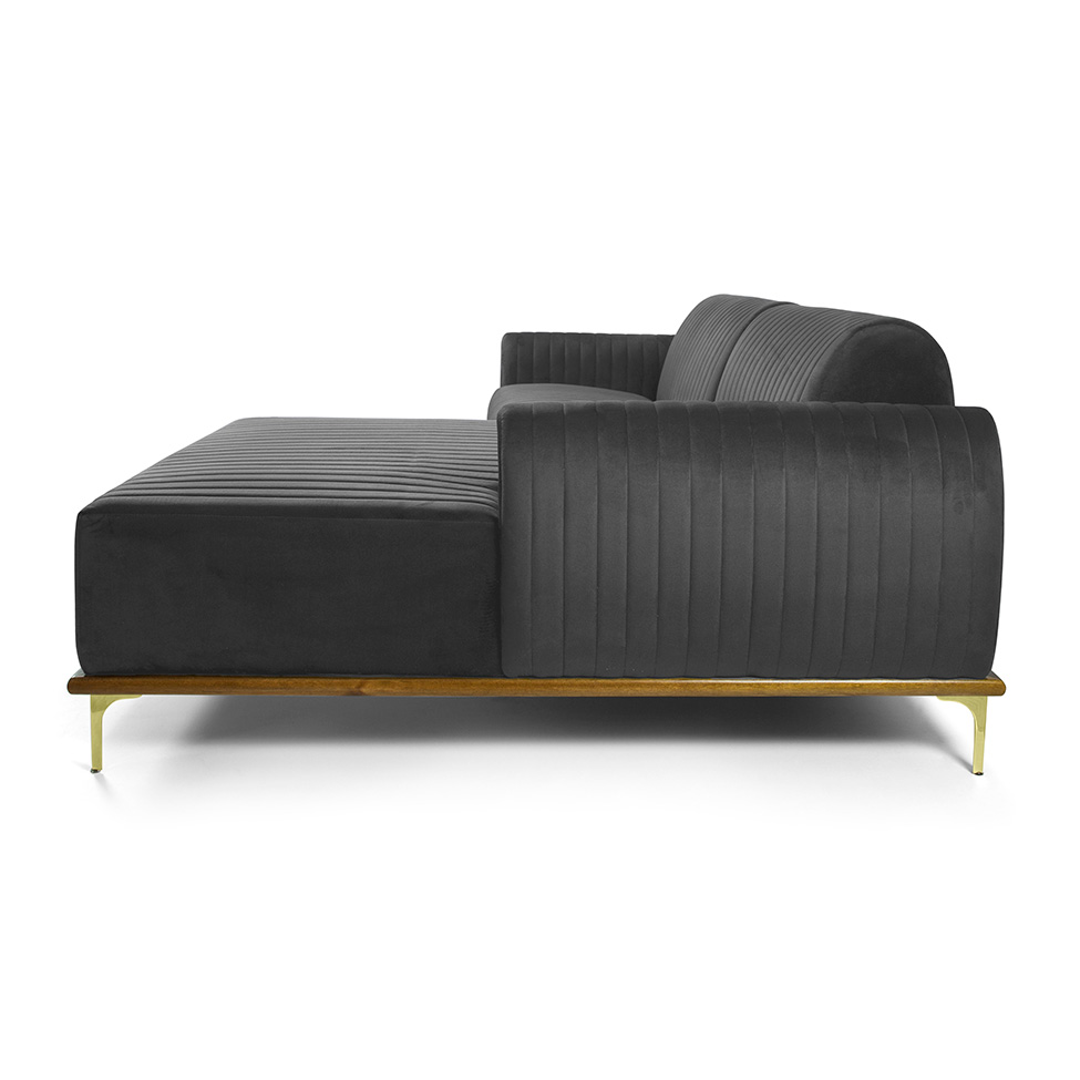 Sofá 3 Lugares Molino com Chaise Direito Veludo Cinza e Dourado