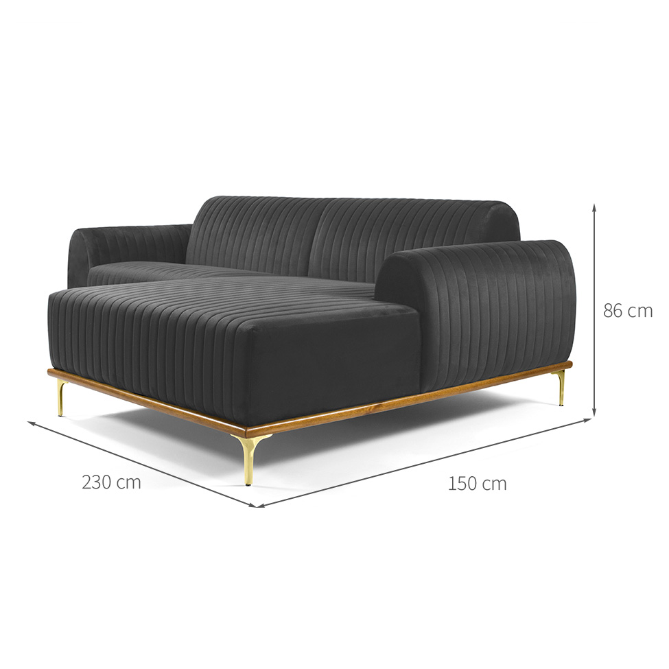 Sofá 3 Lugares Molino com Chaise Direito Veludo Cinza e Dourado