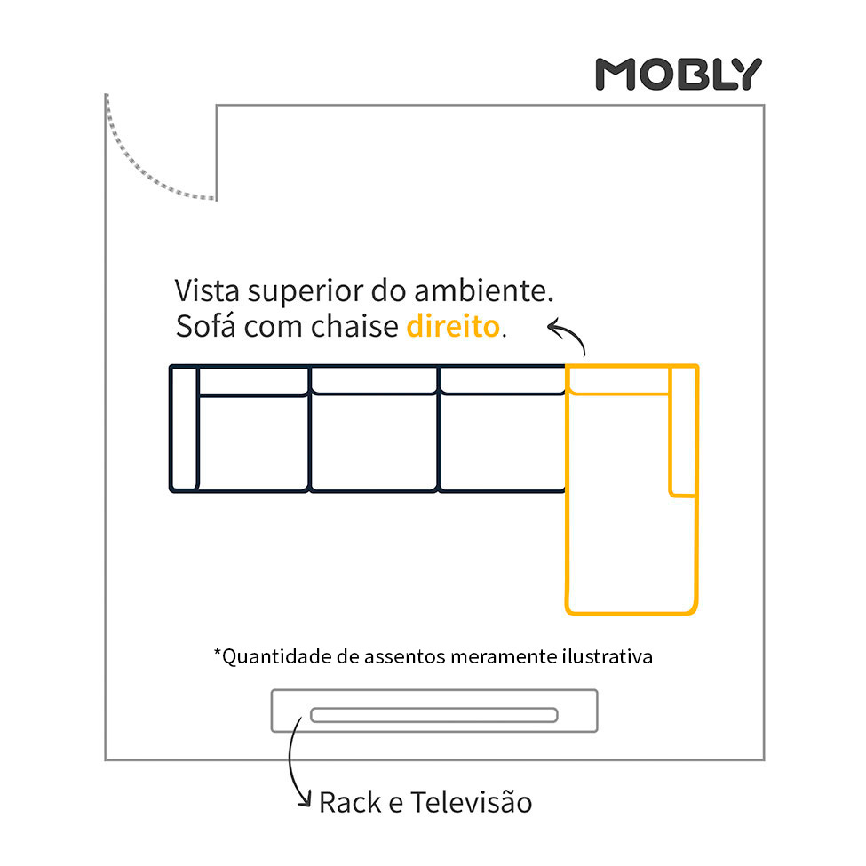 Sofá 3 Lugares Molino com Chaise Direito Veludo Cinza e Dourado