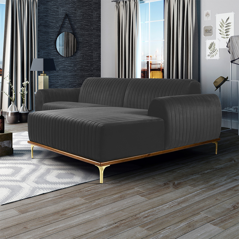 Sofá 3 Lugares Molino com Chaise Direito Veludo Cinza e Dourado