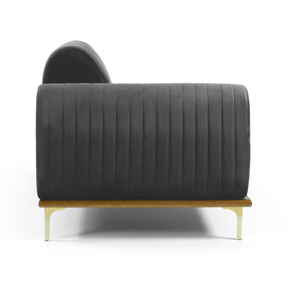 Sofá 3 Lugares Molino com Chaise Direito Veludo Cinza e Dourado