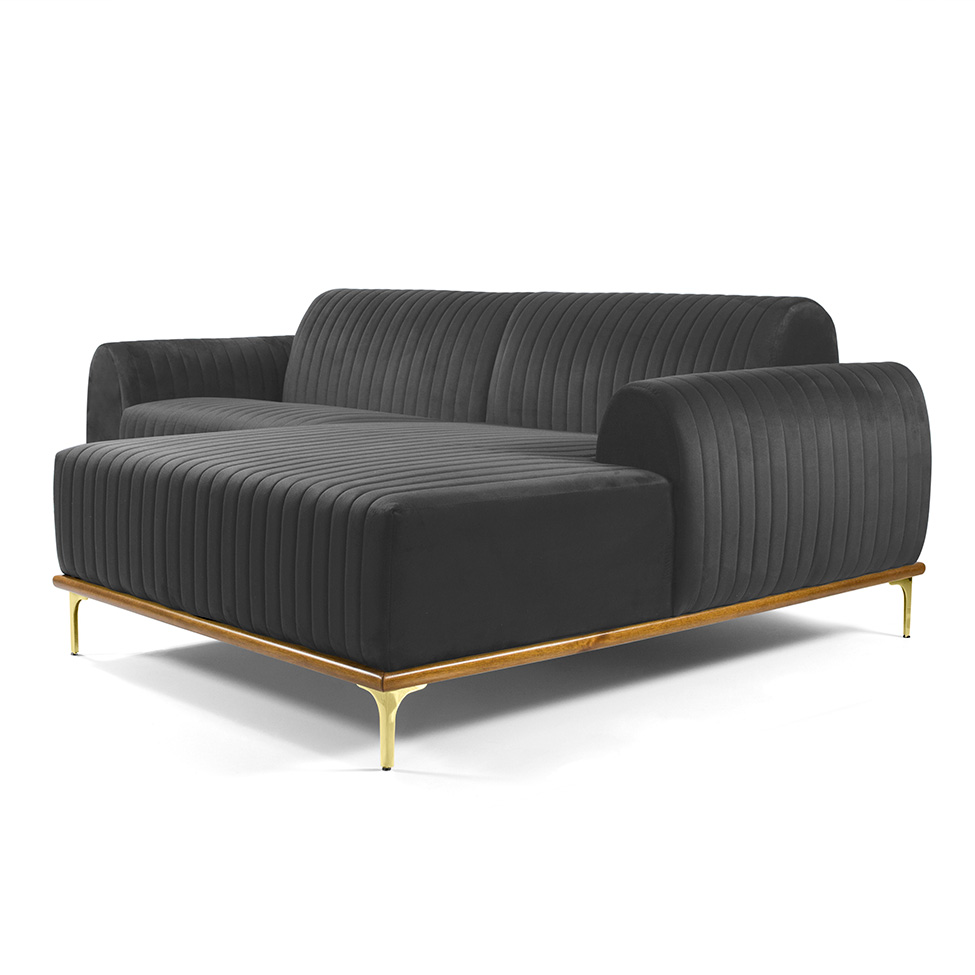 Sofá 3 Lugares Molino com Chaise Direito Veludo Cinza e Dourado
