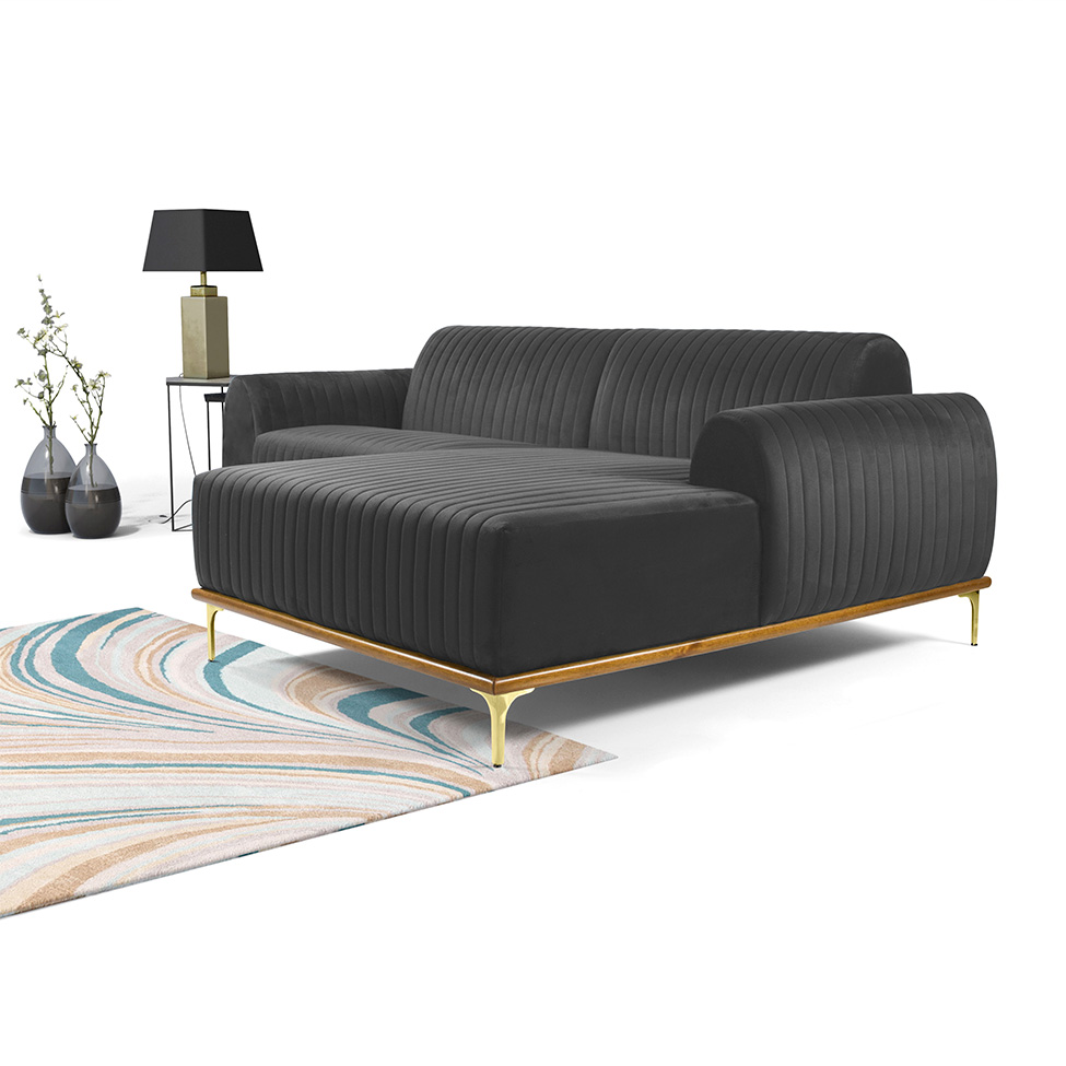 Sofá 3 Lugares Molino com Chaise Direito Veludo Cinza e Dourado