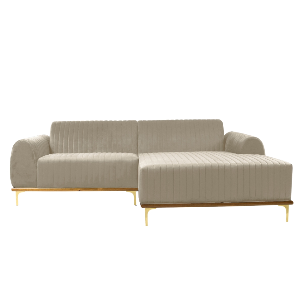 Sofá 3 Lugares Molino com Chaise Direito Veludo Creme e Dourado