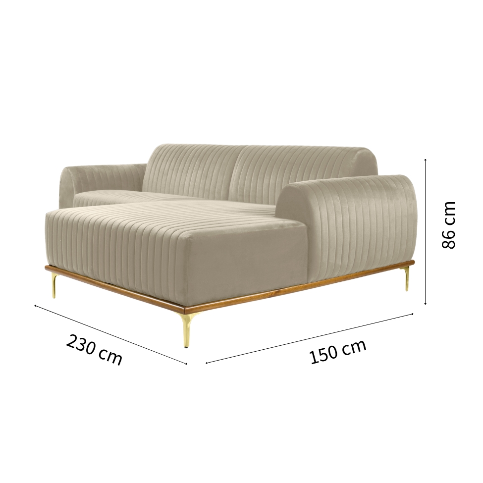Sofá 3 Lugares Molino com Chaise Direito Veludo Creme e Dourado