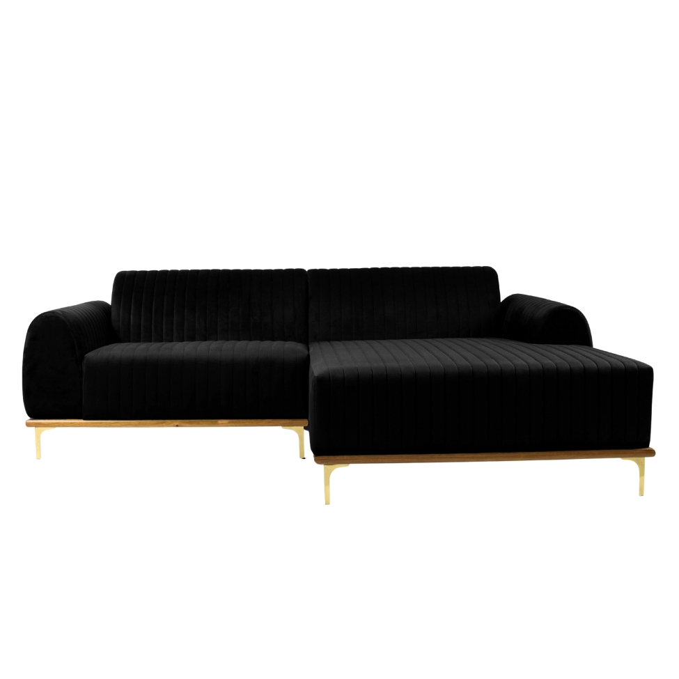 Sofá 3 Lugares Molino com Chaise Direito Veludo Grafite e Dourado
