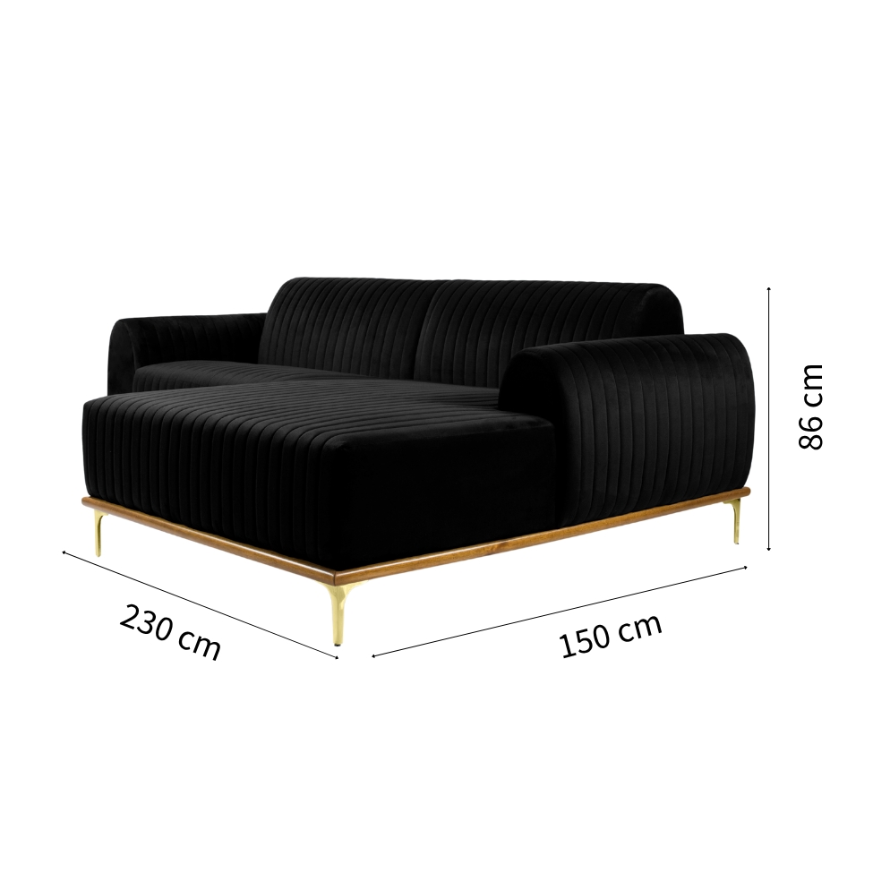 Sofá 3 Lugares Molino com Chaise Direito Veludo Grafite e Dourado