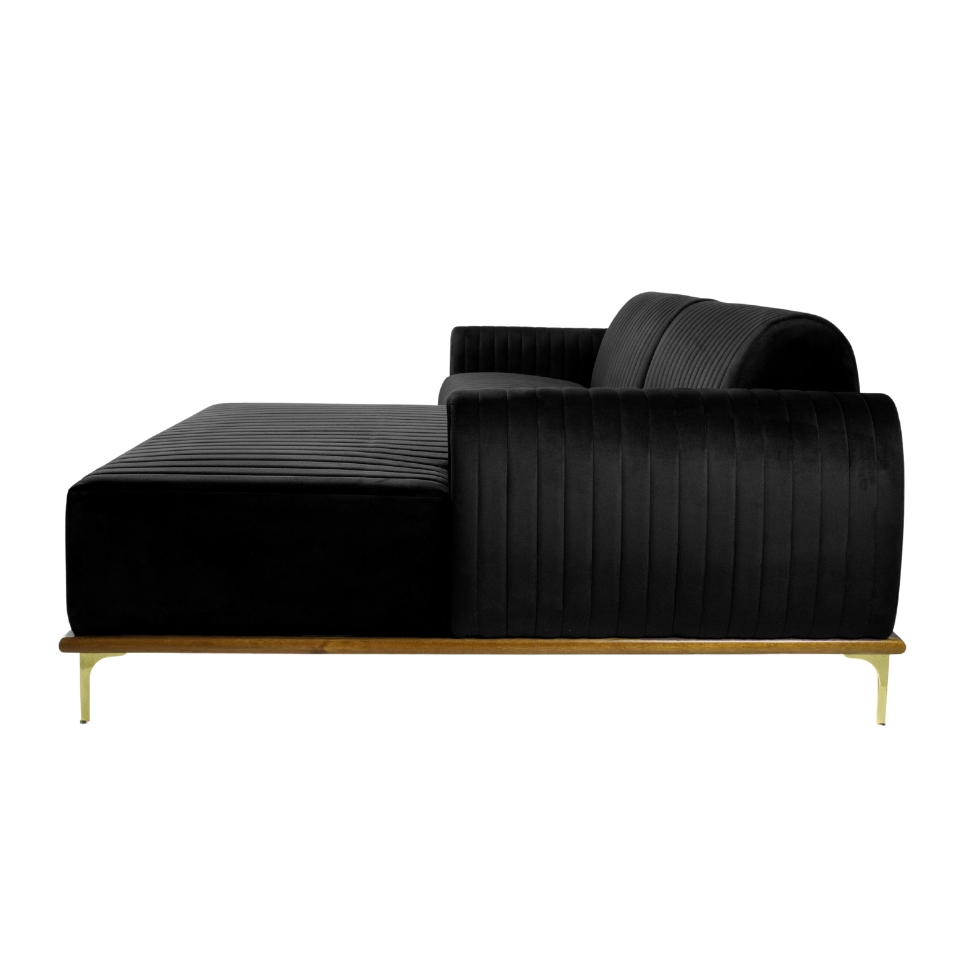 Sofá 3 Lugares Molino com Chaise Direito Veludo Grafite e Dourado
