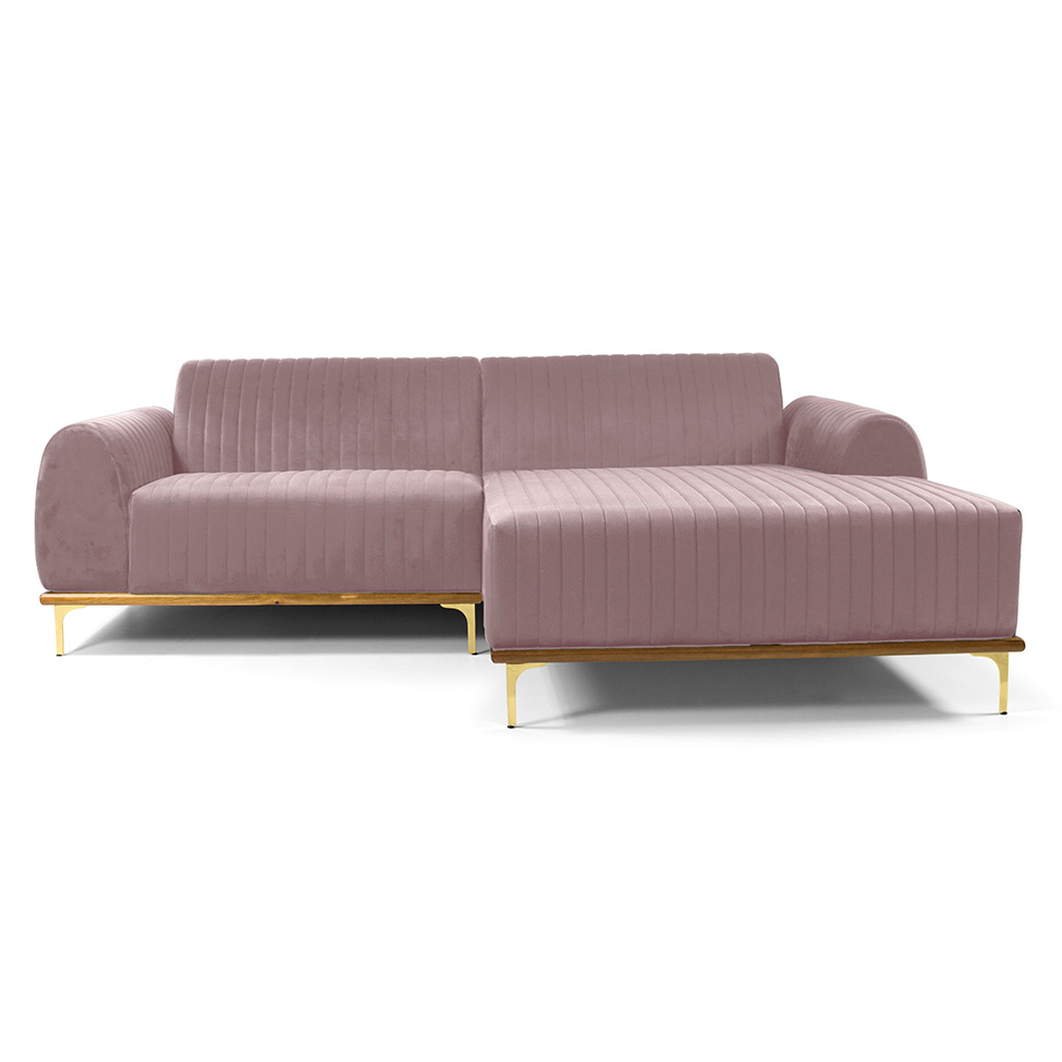 Sofá 3 Lugares Molino com Chaise Direito Veludo Rosa e Dourado
