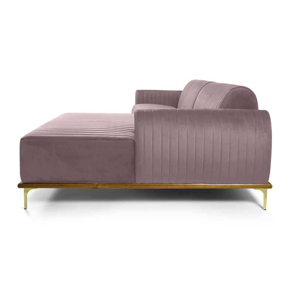 Sofá 3 Lugares Molino com Chaise Direito Veludo Rosa e Dourado