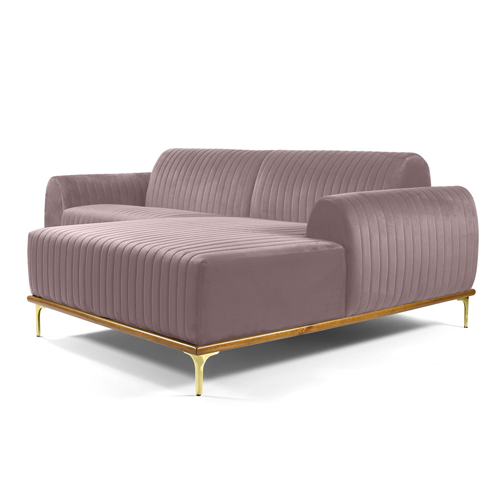Sofá 3 Lugares Molino com Chaise Direito Veludo Rosa e Dourado