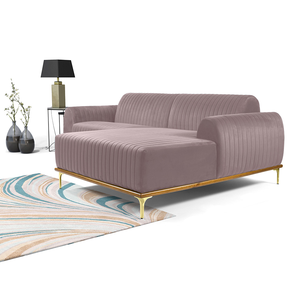 Sofá 3 Lugares Molino com Chaise Direito Veludo Rosa e Dourado