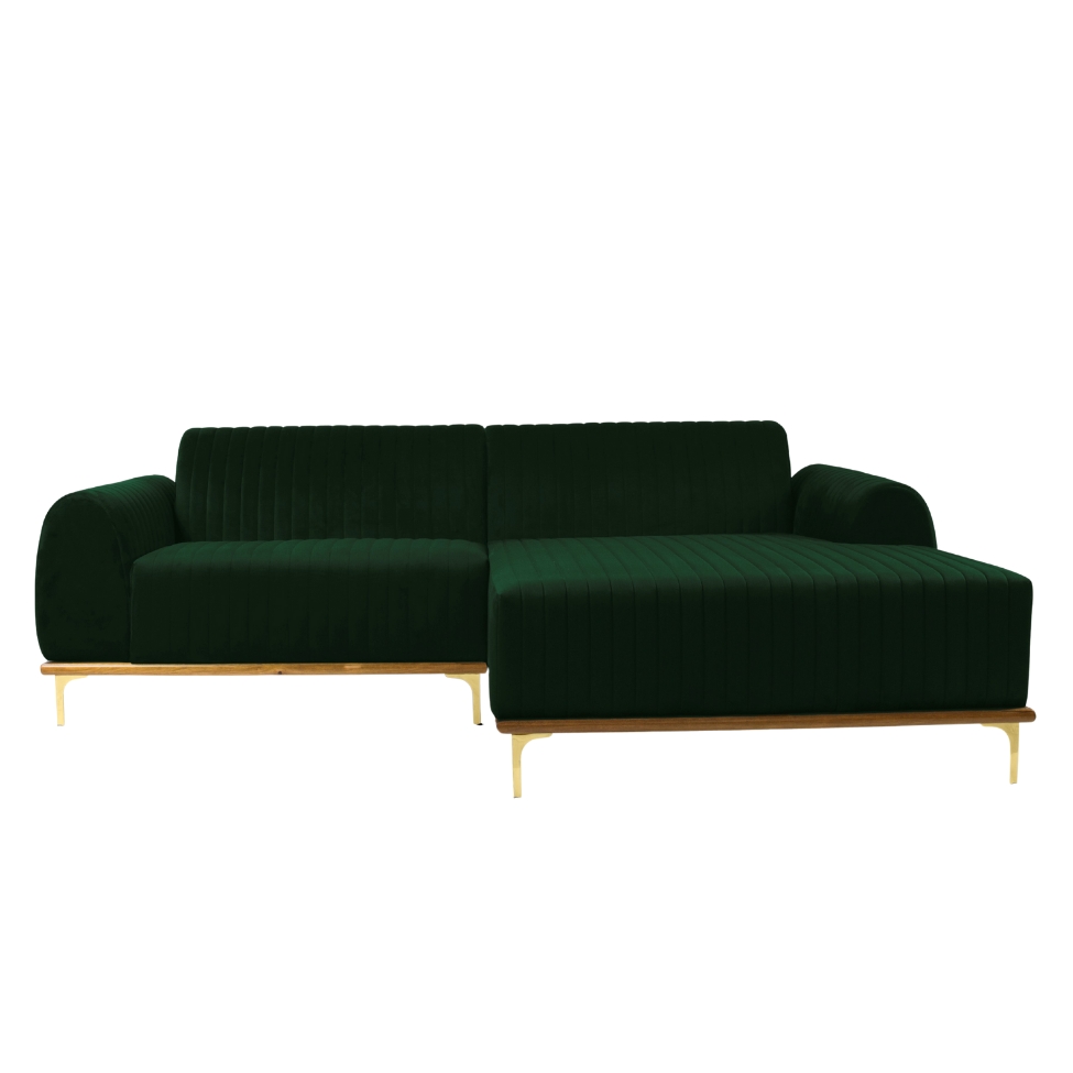 Sofá 3 Lugares Molino com Chaise Direito Veludo Verde e Dourado