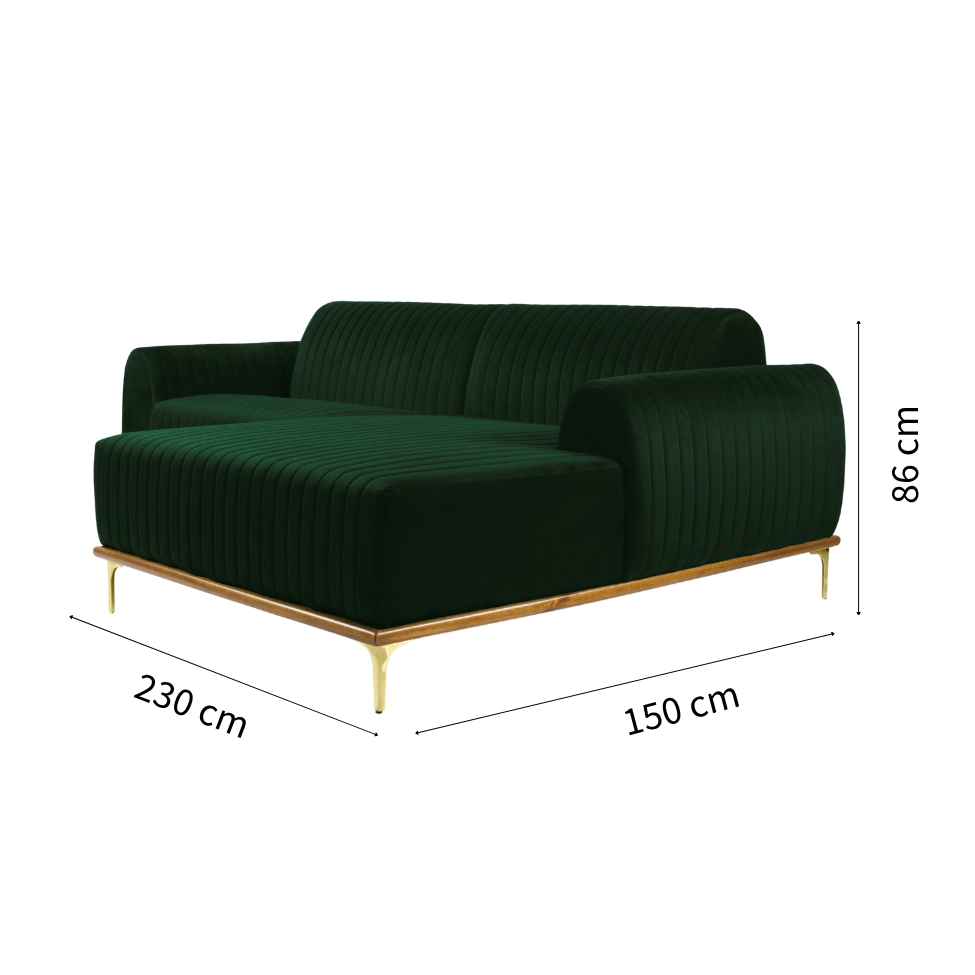 Sofá 3 Lugares Molino com Chaise Direito Veludo Verde e Dourado