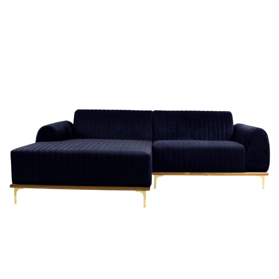 Sofá 3 Lugares Molino com Chaise Esquerdo Veludo Azul Marinho e Dourado