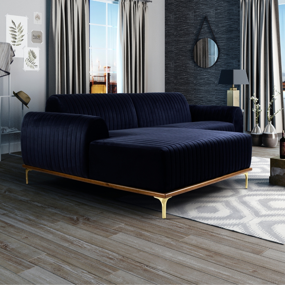 Sofá 3 Lugares Molino com Chaise Esquerdo Veludo Azul Marinho e Dourado