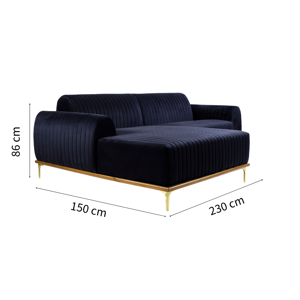 Sofá 3 Lugares Molino com Chaise Esquerdo Veludo Azul Marinho e Dourado
