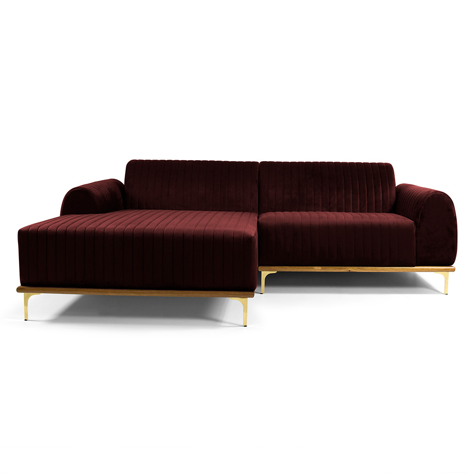 Sofá 3 Lugares Molino com Chaise Esquerdo Veludo Bordô e Dourado